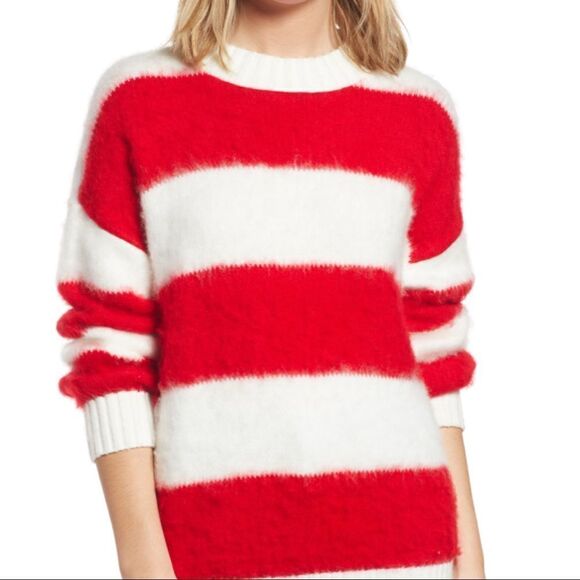 BP. Oversized Fuzzy Sweater In Ivory Red Stripe Ava NWT Warm Cozy Gift - Picture 1 of 3